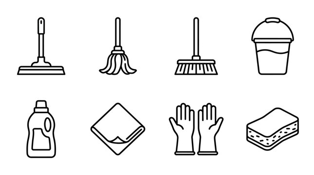 Cleaning supplies icons: mop, broom, bucket, gloves, sponge, spray bottle, cloth