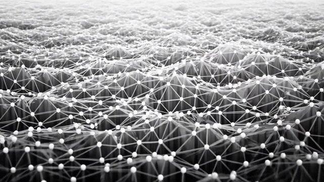 Large-scale matrix of geometric polygons and connected nodes arranged in a futuristic architectural formation. Structures continuously morph while preserving symmetry