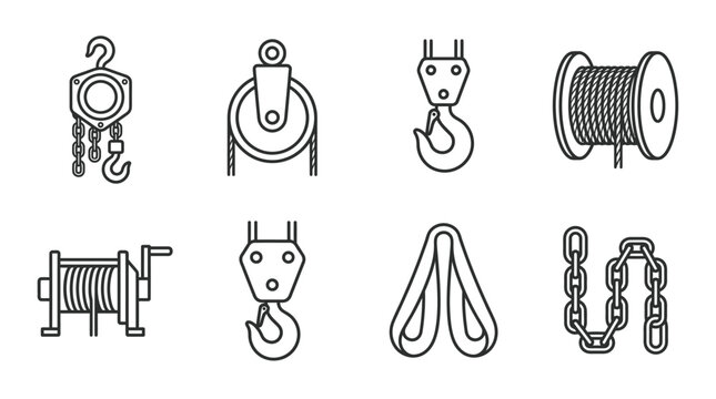 Industrial Lifting Equipment Icons: Hoist, Pulley, Hook, Winch, Rope, Chain
