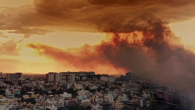 Severe Air Pollution Over Urban Cityscape During Dramatic Sunset