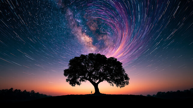 mesmerizing star trails spiraling above silhouetted tree in night sky perfect for astrophotography nature landscape