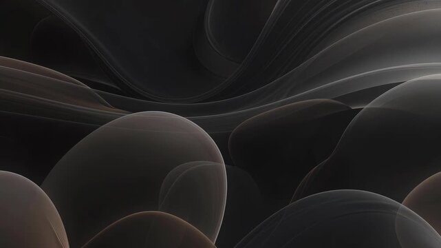 Abstract dark translucent waves and soft shapes in minimalistic style on a black backdrop, concept of fluid motion