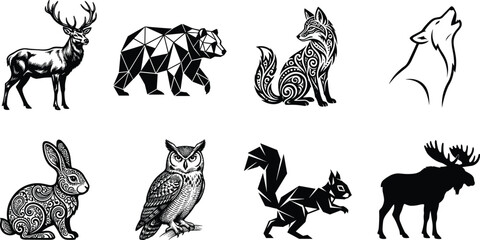 Obraz premium Forest Animal Silhouette Collection with Deer Bear Fox Owl Rabbit and Moose Vector Set