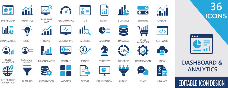 Dashboard and analytics solid icon set with data visualization, forecast, database, report, monitoring, business, trend, and management symbols.