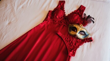 Naklejka premium Red satin lingerie set with lace trim and ornate Venetian mask with feathers lies on white bed sheets. Elegant outfit for carnival celebration.