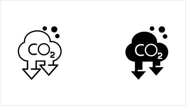 CO2 reduction cloud line icon set.  with downward arrows representing carbon emission reduction and environmental sustainability. Outline vector symbol for climate action and green initiatives.