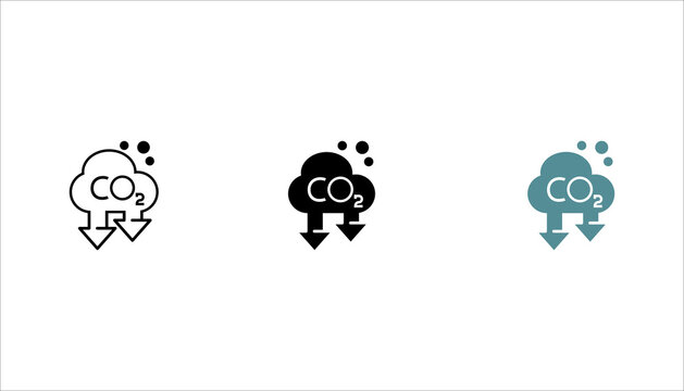 CO2 reduction cloud line icon set.  with downward arrows representing carbon emission reduction and environmental sustainability. Outline vector symbol for climate action and green initiatives.