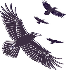 Obraz premium Flying Crow Birds, Black Silhouette, Vector Graphics, Wildlife Illustration, Bird Flight