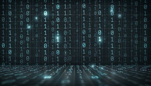 Digital binary code flowing over dark water surface.
