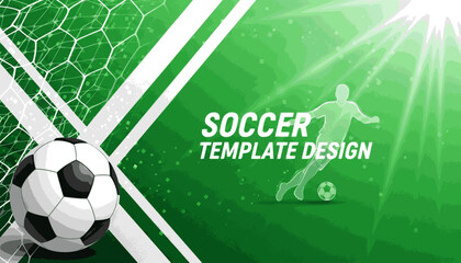 Obraz premium Soccer template design banner with football player and field background