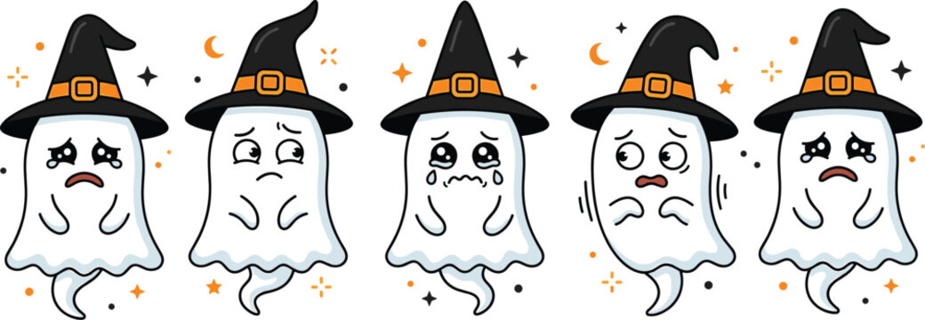 Cute Halloween ghost characters wearing witch hats with different sad scared crying facial expressions vector illustration set