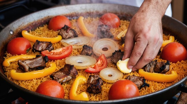 Chef cooks meat paella in large pan. Rice dish has meat chunks, tomatoes, onions, bell peppers. Steam rises from food preparation. Spanish cuisine. Cooking process.