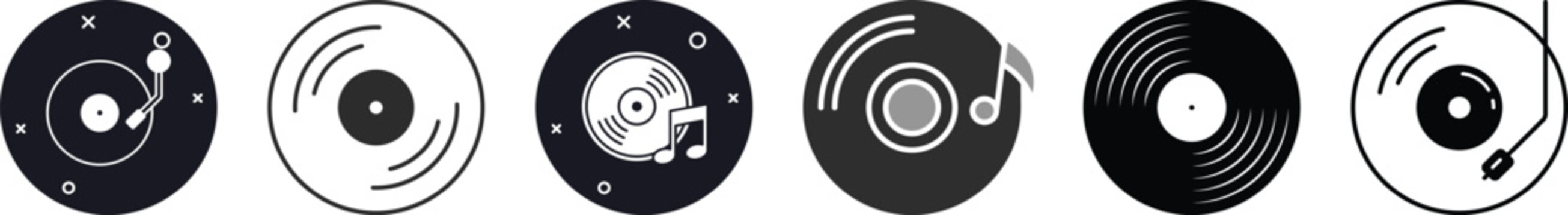 record vinyl icon set, The view from the top. Gramophone LP vinyl record. Retro design. Old CDs, music. DJ equipment for disco or techno party. discotheque nostalgia concept. Vector graphic design 
