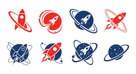 Red and blue rocket ship logos with planet and orbit icons © Yumna