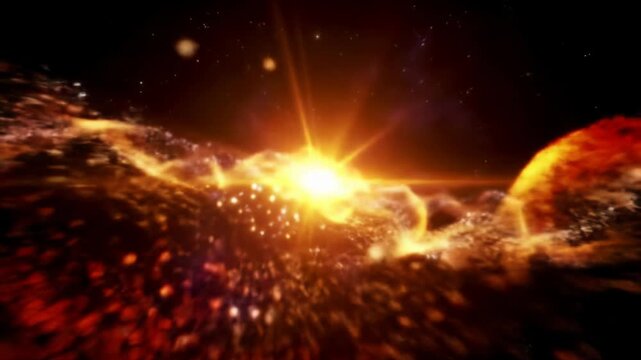 Intense abstract energy burst, vibrant orange and yellow light rapidly expanding, scattering luminous particles in a cosmic void. Majestic crane video of glowing embers. Concept of cosmic power and