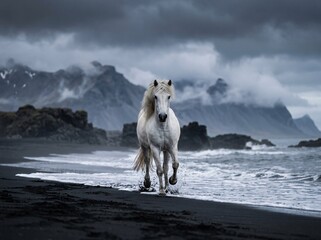 Majestic white icelandic horse with flowing mane gallops fast along the dark volcanic sand beach while sea waves splash against its strong hooves under a moody and overcast cloudy sky. © Chuadry Ahmad