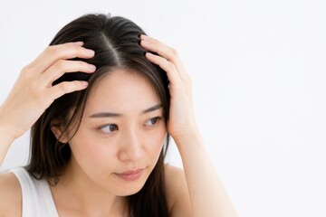 Fototapeta premium 明るい部屋で前髪を触る女性の朝のヘアケア
