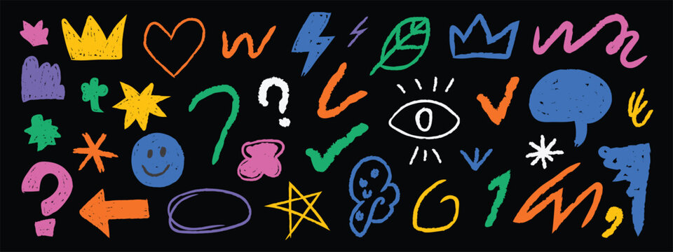 Hand Drawn Cute Doodle Elements Set. Vector Illustration of Colorful Chalk Scribble Highlights, Crown Icons, Heart Signs, Speech Bubble, and Black Board School Journal Design Assets.