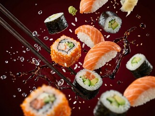 Fresh salmon nigiri and avocado maki rolls floating in midair with dark wooden chopsticks and splashing soy sauce droplets against a deep red background captured in high resolution studio photography © Chuadry Ahmad