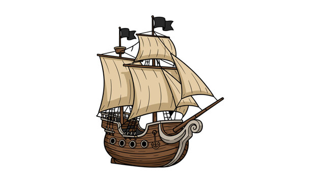 Vintage wooden pirate ship with sails and flags illustration nautical isolated