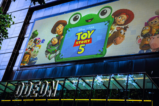 Toy Story 5 Animated Movie, Walt Disney, Pixar Animation Studios Film Theatrical Poster, Odeon Luxe Cinema Marquee, Leicester Square, London, UK - June 2026