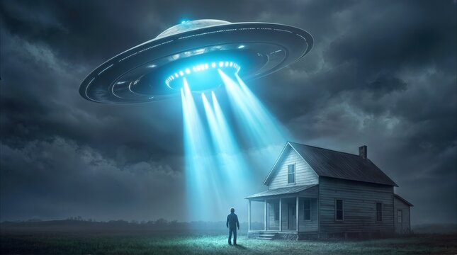 Unidentified flying object hovering over rural farmhouse at night. Glowing saucer-shaped spacecraft emitting light beams toward man standing in field.