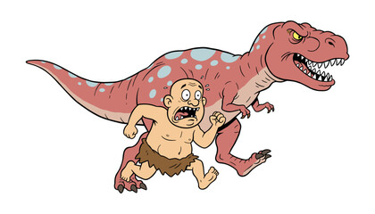 Caveman running from red t rex dinosaur with dinosaur primitive prehistoric © MorsidaStock