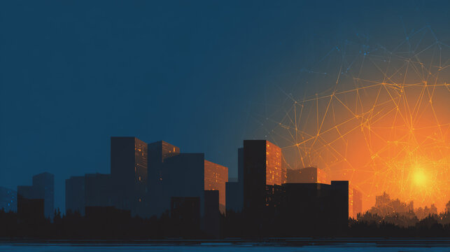 Smart city with connection network reciprocity over the cityscape social media networking systems that connects on the peak of success amid tall, innovative Smart city and graphs with statistics