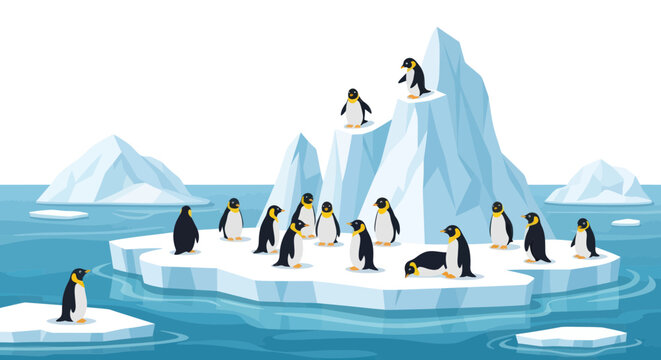 Emperor penguins standing on white ice floes in blue ocean water