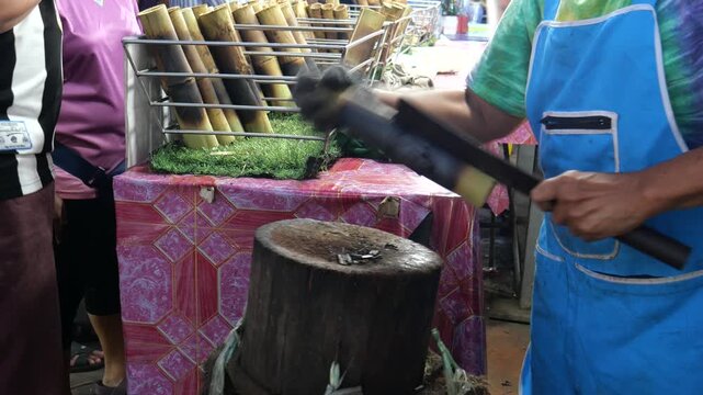 Glutinous rice roasted in bamboo joints (Khao Lam), Thai traditional snack  