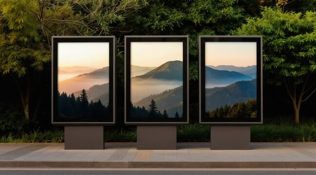 Three vertical digital billboards show mountain fog landscape at sunrise. Billboards are set on pavement in green park near trees and bushes. Modern outdoor ad panels display nature scene. Ad space.