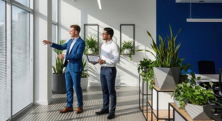 Fototapeta premium Business Professionals Discussing Office Plans Near Large Window with Plants