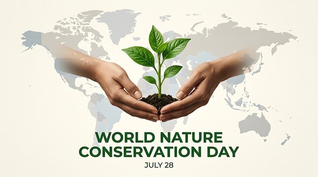 Hands holding a young plant with soil symbolizing world nature conservation day celebration concept