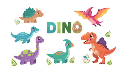 Cute cartoon dinosaurs set with text header for kids design dinosaur creature © MorsidaStock