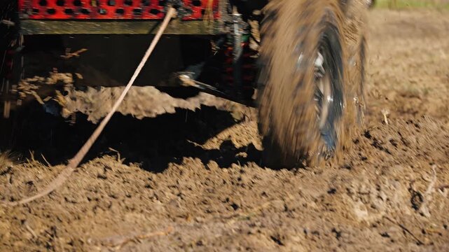 Close up of off road vehicle plowing through thick mud. Spinning wheels splash dirt during extreme competition. Bright sunlight creates dramatic shadows. Rugged powerful motorsport concept