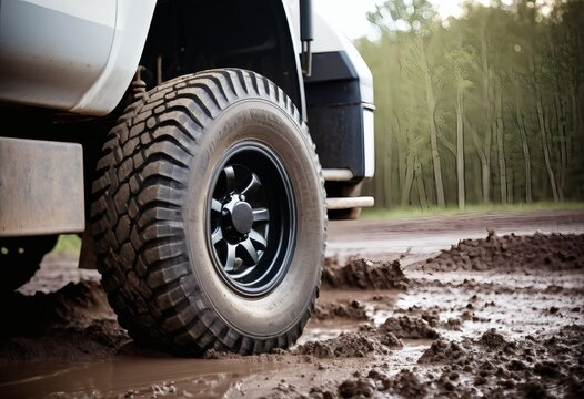 Close up of truck tire and mud flap, transport banner with copy space