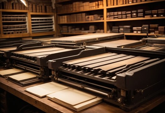 Traditional bookbinding workshop with trays, craft banner with copy space