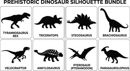 Prehistoric dinosaur silhouette bundle including Tyrannosaurus Rex, Triceratops, Stegosaurus, Brachiosaurus, Velociraptor, Ankylosaurus, Pterosaur, and Parasaurolophus © Anonto