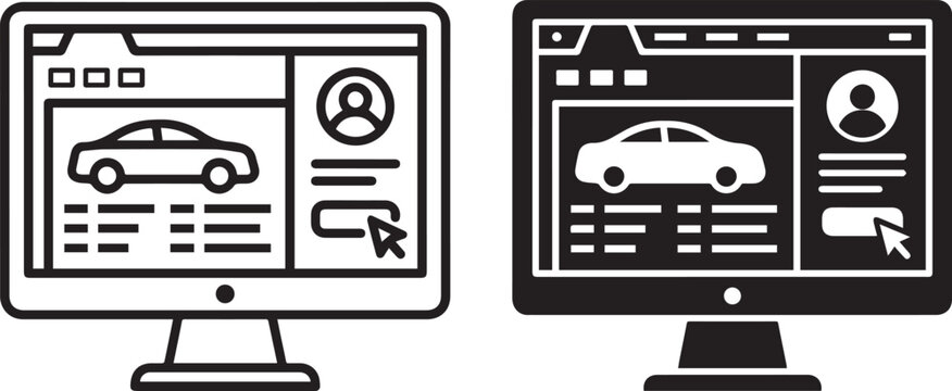 Online car dealership website icons, automotive e-commerce interface on computer monitor, vehicle sales portal vector set