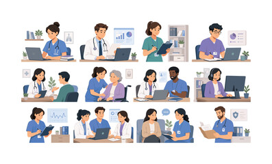 Fototapeta premium Diverse medical professionals collaborating and providing care in various healthcare settings