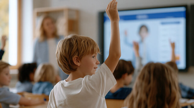 Elementary students in a classroom erupt in laughter and raised hands as a gamified quiz avatar animates across the smartboard, the teacher managing a timer while correct answers