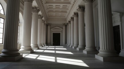 Fototapeta premium Long hallway with large pillars and high ceiling. Natural light streams through windows creating floor shadows. Empty interior space with a distant dark door. Minimalist classical architecture.