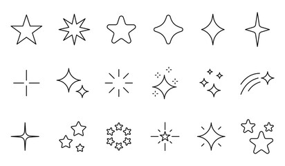 Fototapeta premium Black outline star and sparkle icon set illustration with twinkle symbols, magic shine elements and celestial decorative shapes isolated for stickers, clipart, design and vector collection