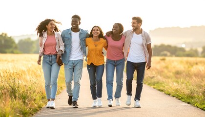 Naklejka premium A group of five friends walk together on a path through a serene field