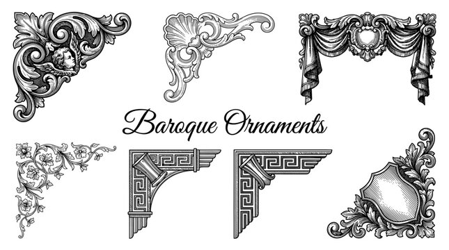 Set of Vintage Baroque Ornaments, Corner Decorations, and Victorian Borders in Engraving Style. Collection of heraldic and floral scrolls, shells, cherubs, and classical architectural elements.
