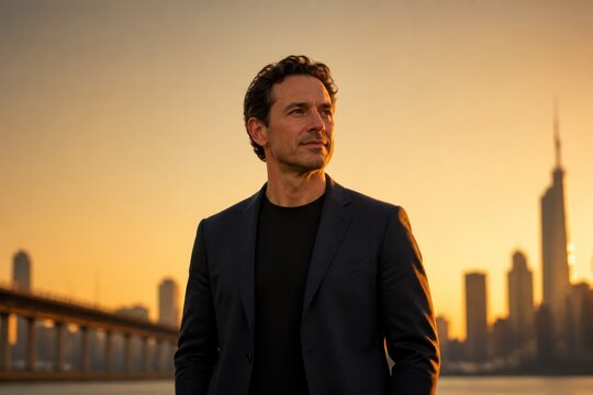 Confident businessman portrait at sunset with city skyline