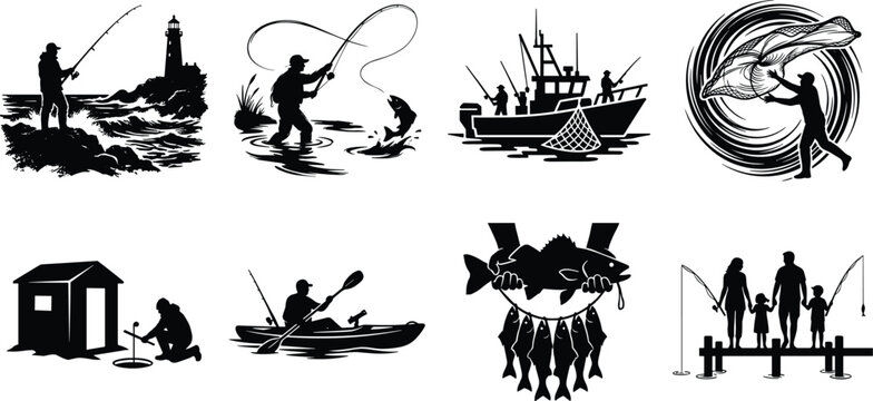 PriFishing silhouette bundle featuring lighthouse coast fly fishing boat trawler cast net ice fishing kayak family on pier vector illustration isolated on white backgroundnt