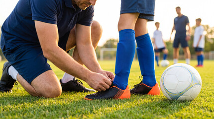 Fototapeta premium Coach tying a child’s black and orange soccer shoes beside a white ball on green grass before youth football training in warm evening light