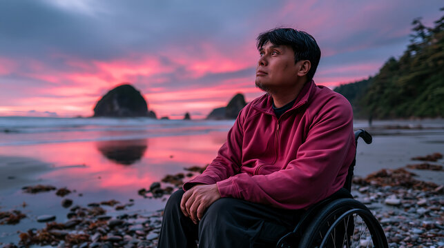 man sitting alone on rocky shore watching peaceful ocean sunset, quiet contemplation and mental wellness concept