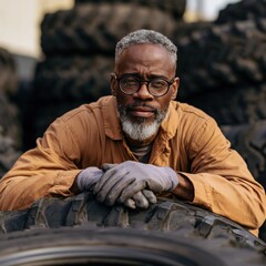 Fototapeta premium Experienced mechanic leaning on a stack of tires in a workshop portrait with gloves and eyewear for industrial repair profile and banner